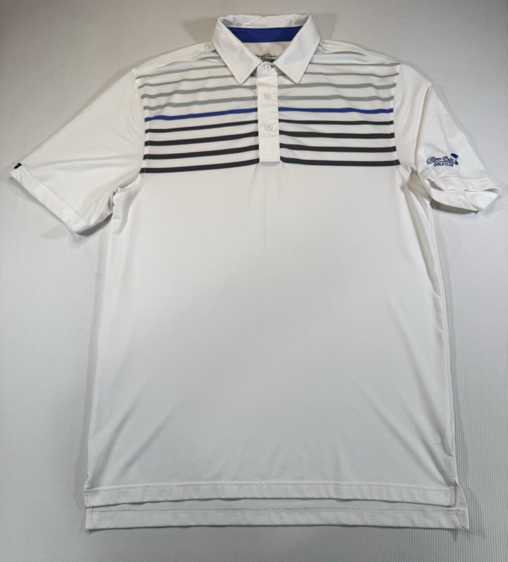 Straight Down Polo Shirt Mens Large White Blue Stripe Golf River Oaks Club